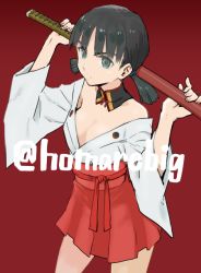 Rule 34 | &gt;:(, 1girl, aqua eyes, bare shoulders, black hair, breasts, cleavage, cowboy shot, detached collar, frown, gradient background, holding, holding sword, holding weapon, homare (homaredai), katana, kawaguchi fumiyo, long sleeves, miniskirt, off shoulder, over shoulder, red background, red ribbon, red skirt, ribbon, sheath, sheathed, short hair, short twintails, skirt, solo, strike witches, sword, twintails, twitter username, v-shaped eyebrows, weapon, weapon over shoulder, wide sleeves, world witches series