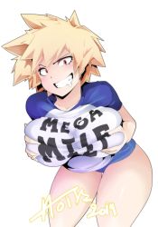 Rule 34 | 1girl, bakugou mitsuki, blonde hair, blush, boku no hero academia, breasts, clothes writing, grabbing own breast, grin, highres, hot vr, large breasts, leaning forward, looking at viewer, mega milk, meme attire, mature female, red eyes, short hair, simple background, smile, solo, white background