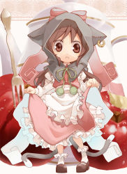 Rule 34 | 1girl, alternate costume, alternate hair length, alternate hairstyle, animal ears, bad id, bad pixiv id, bow, brown hair, cat ears, cat tail, chen, dress, earrings, fork, highres, hood, jewelry, multiple tails, red eyes, ribbon, shunsuke, single earring, skirt hold, solo, tail, touhou