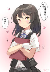 Rule 34 | 1girl, black hair, blue ribbon, book, brown eyes, collared shirt, commentary request, crossed arms, dress shirt, fuji (pixiv24804665), gloves, hair ornament, hairclip, highres, kantai collection, long hair, looking at viewer, neck ribbon, oyashio (kancolle), oyashio kai ni (kancolle), ribbon, shirt, solo, translation request, upper body, white gloves, white shirt