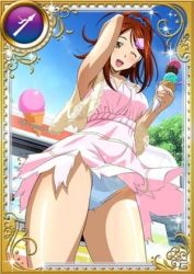 Rule 34 | 00s, 1girl, ;d, alternate costume, arm behind head, arm up, armpits, bachou mouki, blue panties, blush, border, breasts, brown hair, card (medium), cloud, cowboy shot, dress, food, hair ornament, hairclip, happy, holding, ice cream, ikkitousen, large breasts, lens flare, long hair, looking at viewer, lowres, official art, one eye closed, open mouth, outdoors, panties, pantyshot, parted bangs, pink dress, scrunchie, shawl, shiny skin, short dress, sky, smile, solo, sparkle, standing, sundress, swept bangs, topknot, torn clothes, torn dress, tree, underwear, upskirt, wink, yellow eyes