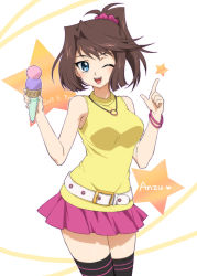 Rule 34 | 1girl, artist name, bad id, bad pixiv id, bare shoulders, belt, black thighhighs, blouse, breasts, brown hair, character name, dated, female focus, food, hair intakes, heart, holding, holding food, ice cream, ice cream cone, jewelry, large breasts, legs together, mazaki anzu, necklace, one eye closed, open mouth, pastel colors, pink skirt, pointing, pointing up, shirt, short hair, skirt, sleeveless, sleeveless shirt, solo, standing, star (symbol), sweets, text focus, thighhighs, wink, yellow shirt, yu-gi-oh!, yu-gi-oh! duel monsters, zettai ryouiki