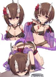 Rule 34 | + +, 1girl, arm guards, arms behind back, ass, bare shoulders, belt, bikini, black bikini, blush, bob cut, bound, bound wrists, bowl, breasts, broken horn, brown hair, bust cup, chain, choker, claw ring, cleavage, collarbone, demon girl, demon horns, eriko (princess connect!), eriko (summer) (princess connect!), flower, hair flower, hair in own mouth, hair ornament, horns, large breasts, looking at viewer, multi-strapped bikini bottom, multi-strapped bikini top, multiple views, navel, o-ring, o-ring bikini, one eye closed, pet bowl, pkpkpppk, princess connect!, purple eyes, restrained, rope, shaded face, shawl, short hair, smile, spiked tail, swimsuit, tail, test tube, thighs, top-down bottom-up