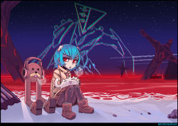 Rule 34 | 1girl, 3others, ayanami rei, beach, black border, blue hair, blush, boots, border, breath, brown footwear, cat, coat, commentary, creature, crucifixion, earmuffs, full body, fur boots, gondola (meme), grid, hairpods, headgear, knees together feet apart, knees up, lcl, looking at another, meme, multiple others, neon genesis evangelion, night, night sky, ocean, outdoors, outstretched arms, parted lips, ramenwarwok, red eyes, ruins, signature, sitting, sky, snow, star (sky), starry sky, synthwave, ugg boots, vaporwave, winter