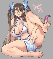 Rule 34 | 1girl, 2021, agawa ryou, arm support, artist name, bare legs, bare shoulders, barefoot, between toes, breasts, brown hair, butterfly hair ornament, butterfly ornament, cleavage, clothes pull, clothing cutout, condom, condom wrapper, curvy, dated, eyebrows visible through hair, grey background, hair ornament, halterneck, huge breasts, knee up, long hair, navel, navel cutout, original, pelvic curtain, pink eyes, plump, pulled by self, revealing clothes, sidelocks, signature, solo, spread legs, thick lips, thick thighs, thighs, tongue, tongue out, twintails, wide hips