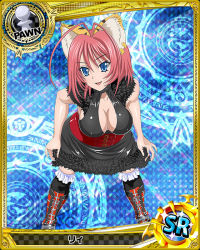 Rule 34 | 10s, 1girl, :d, animal ears, antenna hair, argyle, argyle background, argyle clothes, bent over, black dress, black thighhighs, blue background, blue eyes, boots, border, breasts, buckle, card (medium), character name, chess piece, cleavage, cleavage cutout, clothing cutout, corset, covered erect nipples, cross-laced footwear, dress, earrings, frilled thighhighs, frills, fur trim, hair between eyes, happy, high school dxd, jewelry, knee boots, large breasts, legs apart, looking at viewer, magic circle, ni (high school dxd), no bra, official art, open mouth, over-kneehighs, parted bangs, pawn (chess), pink hair, red footwear, runes, short dress, sideboob, skirt hold, sleeveless, sleeveless dress, slit pupils, smile, solo, sparkle, thighhighs, trading card, turtleneck
