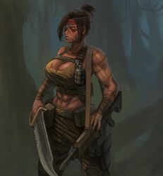 Rule 34 | 1girl, abs, ammunition pouch, astra militarum, bandana, belt, breasts, camouflage, catachan jungle fighter, cleavage, dark skin, directed-energy weapon, energy gun, energy weapon, explosive, eyepatch, grenade, gun, headband, highres, huge breasts, jungle, knife, large breasts, laser gun, laser weapon, lasgun, looking to the side, muscular, muscular female, nature, pouch, scar, scar on face, scar on mouth, skull, solo, tank top, toned, warhammer 40k, weapon, wlfltksanfgksk