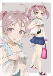 Rule 34 | 10s, 1girl, :&lt;, :o, ahoge, bag, bare shoulders, bikini, blue skirt, border, bow, closed mouth, collarbone, full body, grey background, hair bobbles, hair ornament, highres, holding, holding bag, kantai collection, looking at viewer, nayuhi (yukimuu14), no legwear, open mouth, pink bow, pink hair, pleated skirt, rabbit, red eyes, sandals, sazanami (kancolle), scrunchie, short hair, simple background, sketch, skirt, solid oval eyes, solo, swimsuit, twintails, white border, wrist scrunchie, wristband, zoom layer