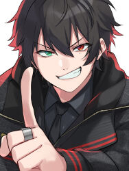 Rule 34 | 1boy, black hair, collared shirt, fang, green eyes, grin, heterochromia, highres, hypnosis mic, jacket, jewelry, kishinaito, long sleeves, looking at viewer, male focus, mole, mole under eye, multicolored hair, necktie, pointing, pointing at viewer, red eyes, red hair, ring, shirt, smile, solo, upper body, v-shaped eyebrows, yamada ichiro