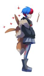 Rule 34 | 1girl, absurdres, backpack, bag, black hoodie, blue hair, boots, brown bag, closed mouth, commentary, creatures (company), eevee, from side, full body, game freak, gen 1 pokemon, gen 4 pokemon, glasses, grey pantyhose, grey skirt, hand in pocket, highres, hood, hoodie, marnie (marnielovesyou), multicolored hair, nintendo, pantyhose, penny (pokemon), pleated skirt, pokemon, pokemon sv, print pantyhose, red hair, rotom, rotom phone, round eyewear, short hair, simple background, skirt, solo, sparkle, standing, two-tone hair, white background