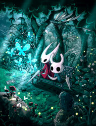 Rule 34 | bench, bug, butterfly, cloak, egg, firefly, flying, grass, highres, hollow eyes, hollow knight, hornet (hollow knight), insect, knight (hollow knight), mamoru mikokoro, mushroom, nature, needle (hollow knight), no humans, paper, resolution mismatch, shell, sitting, source larger, sunlight, tree