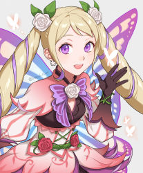 Rule 34 | 1girl, :d, black gloves, blonde hair, bug, butterfly, dress, earrings, elise (fire emblem), fairy wings, fire emblem, fire emblem fates, fire emblem heroes, flower, gloves, gradient clothes, grey background, hair flower, hair ornament, highres, insect, jewelry, layered skirt, long hair, looking at viewer, multicolored hair, nintendo, official alternate costume, open mouth, peach11 01, purple hair, simple background, skirt, smile, solo, striped, twitter username, two-tone hair, upper body, vertical stripes, very long hair, white flower, wings