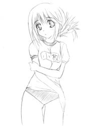 Rule 34 | 00s, 1girl, blush, folded ponytail, greyscale, hand on own hip, komaki manaka, looking away, monochrome, name tag, shirt, short hair, short sleeves, simple background, solo, sportswear, standing, to heart (series), to heart 2, white background