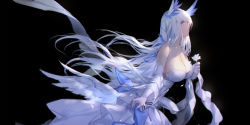Rule 34 | 1girl, azur lane, bare shoulders, black background, blue ribbon, breasts, cleavage, closed mouth, dress, elbow gloves, feathered wings, flower, gloves, hair ribbon, highres, holding, holding flower, illustrious (azur lane), illustrious (illustrious ball) (azur lane), large breasts, long hair, looking away, low wings, profile, purple eyes, ribbon, silver hair, simple background, solo, strapless, strapless dress, swd3e2, very long hair, white dress, white flower, white gloves, white wings, wings