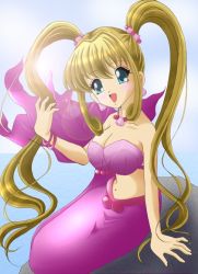 Rule 34 | 00s, 1girl, :d, blonde hair, blue eyes, blush, breasts, earrings, hair ornament, large breasts, lens flare, mermaid, mermaid melody pichi pichi pitch, monster girl, nanami lucia, navel, ocean, open mouth, shell, shell earrings, smile, solo, twintails, water