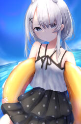 Rule 34 | 1girl, absurdres, black one-piece swimsuit, blush, closed mouth, collarbone, day, grey eyes, grey hair, hair between eyes, hair ornament, headgear, highres, i-201 (kancolle), innertube, kantai collection, long hair, looking at viewer, mok4suke, ocean, one-piece swimsuit, outdoors, polka dot, polka dot swimsuit, solo, swim ring, swimsuit, swimsuit under clothes, x hair ornament