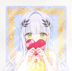 Rule 34 | + +, 1girl, absurdres, bad id, bad pixiv id, bare arms, bare shoulders, blue background, border, box, commentary request, dress, gift, gift box, green eyes, grey border, hair intakes, hands up, heart-shaped box, highres, holding, holding gift, long hair, looking at viewer, mamel 27, original, sleeveless, sleeveless dress, solo, upper body, valentine, white hair, yellow dress