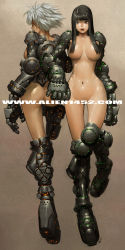 Rule 34 | 2girls, alien1452, armor, ass, blunt bangs, boots, bottomless, breasts, copyright request, groin, large breasts, long hair, multiple girls, navel, no panties, revealing clothes, science fiction, short hair, sideboob, standing, topless