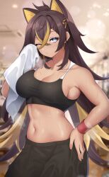 Rule 34 | 1girl, absurdres, bare arms, bare shoulders, black pants, black sports bra, blue eyes, breasts, brown hair, cleavage, commentary request, cowboy shot, crop top, dark skin, dehya (genshin impact), genshin impact, highres, indoors, kirima (user danf8787), large breasts, long hair, looking at viewer, midriff, navel, one eye closed, pants, pointy hair, solo, sports bra, standing, stomach, sweat, towel, very long hair, workout clothes, wristband