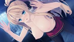 Rule 34 | 1girl, against fourth wall, aikawa tatsuki, arena alseif, bent over, blonde hair, blue eyes, blush, breasts, eyebrows hidden by hair, game cg, hands up, high ponytail, indoors, large breasts, legs, long hair, looking at viewer, night, nipples, no bra, open mouth, pantyhose, ryuukishi bloody saga, skirt, thighs, topless