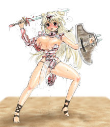 Rule 34 | 1futa, armor, barefoot, biosuit, blush, breasts, clothing aside, futanari, large breasts, living armor, living clothes, living suit, long hair, panties, panties aside, penis armor, prina, prina the dungeoneering princess, pussy juice, rebis, revealing clothes, shield, simple background, solo, sword, tentacle clothes, tentacles, underwear, weapon, white background