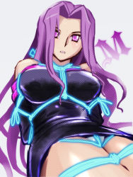 Rule 34 | 1girl, arms behind back, bdsm, black dress, bondage, bound, bound arms, bound legs, breast bondage, breasts, detached sleeves, dress, fate/stay night, fate (series), highres, large breasts, long hair, looking at viewer, lying, medusa (fate), medusa (rider) (fate), panties, pantyshot, purple eyes, purple hair, rope, shibari, shibari over clothes, shibari under clothes, short dress, solo, underwear, very long hair, zero hime