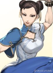 Rule 34 | 1girl, akisa yositake, arm up, breasts, brown eyes, brown hair, capcom, chinese clothes, chun-li, cleavage cutout, closed mouth, clothing cutout, commentary request, double bun, earrings, gradient background, hair bun, highres, jewelry, lips, looking at viewer, medium breasts, short hair, solo, street fighter, street fighter 6, twitter username, white background, yellow background