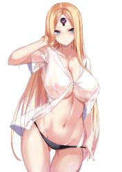 Rule 34 | 1girl, abigail williams (fate), aged up, bad id, bad twitter id, black panties, blonde hair, blue eyes, blush, breasts, cleavage, collarbone, covered erect nipples, fate/grand order, fate (series), forehead, glowing, glowing eye, gluteal fold, hand in own hair, highres, keyhole, large breasts, long hair, looking at viewer, navel, panties, parted bangs, see-through, simple background, solo, spider apple, thighs, third eye, underwear, white background