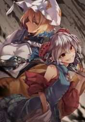 Rule 34 | 2girls, blonde hair, blue dress, commentary request, curled horns, dress, grey hair, hat, highres, holding, holding spoon, horns, midori (misuriru8), mob cap, multiple girls, oversized object, pointy ears, red eyes, red horns, red sleeves, short hair, spoon, touhou, toutetsu yuuma, white dress, white headwear, yakumo ran