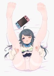 Rule 34 | 1girl, absurdres, bed, black hair, blue eyes, character request, feet, feet up, hair ornament, hairclip, highres, kahlua (artist), leg up, long hair, nintendo switch, no shoes, one eye closed, ongeki, panties, pantyhose, soles, toes, underwear, white pantyhose