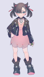 Rule 34 | 1girl, absurdres, asymmetrical bangs, boots, closed mouth, collarbone, commentary, creatures (company), dress, dusk ball, earrings, eyelashes, full body, game freak, green eyes, grey background, hair ribbon, hand on own hip, highres, holding, holding poke ball, jacket, jewelry, knees, long sleeves, looking at viewer, marnie (pokemon), nintendo, open clothes, open jacket, poke ball, pokemon, pokemon swsh, ribbon, solo, standing, twintails, valentine (02140314c)