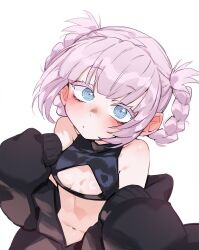 Rule 34 | 1girl, black jacket, blue eyes, braid, breasts, cleavage, closed mouth, commentary request, crop top, foolish potato, highres, jacket, long hair, long sleeves, looking at viewer, nanakusa nazuna (yofukashi no uta), navel, off shoulder, paid reward available, pink hair, simple background, solo, twin braids, upper body, white background, yofukashi no uta