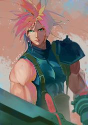 Rule 34 | 1boy, absurdres, aqua eyes, armor, artist name, bare shoulders, belt, blonde hair, blue shirt, cloud strife, fighting stance, final fantasy, final fantasy vii, fumezu1, highres, holding, holding sword, holding weapon, looking at viewer, male focus, messy hair, muscular, muscular male, shirt, short hair, shoulder armor, sleeveless, sleeveless turtleneck, solo, spiked hair, square enix, suspenders, sword, turtleneck, upper body, weapon