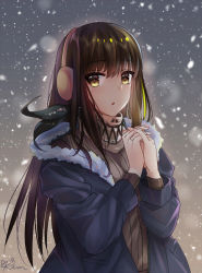 Rule 34 | 1girl, balaclava, blue jacket, brown eyes, brown hair, earmuffs, fur trim, girls&#039; frontline, green hair, jacket, kevn, long hair, looking at viewer, m4a1 (girls&#039; frontline), multicolored hair, open mouth, own hands clasped, own hands together, ribbed shirt, shirt, signature, snow, snowing, solo, star (symbol), star in eye, streaked hair, symbol in eye, winter clothes