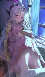 Rule 34 | 1girl, ahoge, black horns, blue archive, blush, closed mouth, curtains, demon horns, grey hair, halo, highres, hina (blue archive), hina (pajamas) (blue archive), holding, horns, indoors, long hair, long sleeves, looking at viewer, multiple horns, neshia (tsaqif0309), official alternate costume, pajamas, parted bangs, pink pajamas, polka dot, polka dot pajamas, purple eyes, slippers, smile, solo, window