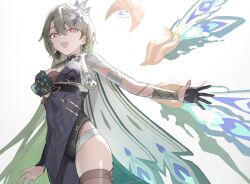 Rule 34 | 1girl, :d, black dress, black gloves, breasts, brown hair, brown thighhighs, cleavage, commentary request, dress, gloves, green hair, grey background, hair between eyes, highres, honkai (series), honkai impact 3rd, karame rise, looking at viewer, medium breasts, multicolored hair, open mouth, partially fingerless gloves, red eyes, simple background, single glove, smile, solo, thighhighs, two-tone hair, vita (honkai impact)