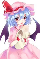 Rule 34 | 1girl, bat wings, blue hair, fang, hair between eyes, hat, highres, hugging doll, hugging object, ma-a, mob cap, open mouth, red ribbon, remilia scarlet, ribbon, short hair, short sleeves, simple background, solo, stuffed animal, stuffed sheep, stuffed toy, touhou, white background, wings