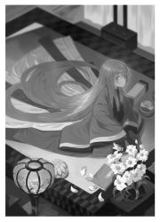 Rule 34 | 1girl, absurdly long hair, alternate costume, alternate hair length, alternate hairstyle, book, desk, female focus, flower, from above, greyscale, indoors, japanese clothes, kimono, lamp, layered clothes, layered kimono, long hair, long sleeves, looking at viewer, monochrome, no headwear, no headwear, petals, sitting, sleeves past wrists, solo, sukuna shinmyoumaru, touhou, vase, very long hair, wide sleeves, yamamomo (plank)