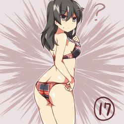 Rule 34 | 1girl, ?, ass, black hair, bra, breasts, butt crack, commentary request, cowboy shot, emphasis lines, from behind, grey background, grey eyes, hair ornament, hairclip, kantai collection, medium breasts, numbered, oyashio (kancolle), panties, plaid, plaid bra, plaid panties, solo, underwear, wahiko (black bastard)