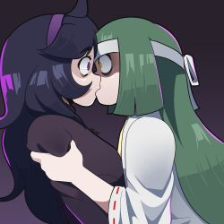 2girls absurdres ahoge artist_name bags_under_eyes black_background black_hair channeler_(pokemon) commentary creatures_(company) delatoid english_commentary game_freak grabbing_another&#039;s_shoulder green_hair hairband headband hex_maniac_(pokemon) highres japanese_clothes kiss long_hair multiple_girls nintendo pokemon pokemon_lgpe pokemon_xy purple_eyes purple_hairband very_long_hair yellow_eyes yuri