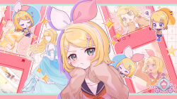 Rule 34 | 1girl, @ @, angry, blonde hair, blue eyes, blush, border, cardigan, carriage, cellphone, chibi, commentary request, dress, flustered, green eyes, hair ribbon, hairband, heart, high heels, highres, holding, holding phone, kagamine rin, kanato 1227, long hair, looking at viewer, multiple hairpins, outline, paneled background, phone, pink border, pout, ribbon, school uniform, short hair, skirt, sparkle, star (symbol), tiara, tsundere, vocaloid, white outline