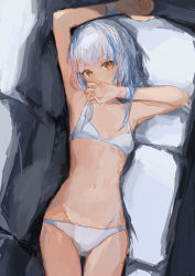 Rule 34 | 1girl, absurdres, arm up, bare arms, bare shoulders, blue hair, bra, breasts, brown eyes, collarbone, couch, covered mouth, cowboy shot, gluteal fold, grey hair, groin, hand up, highres, ichika (ichika87), looking at viewer, lying, multicolored hair, navel, on back, on couch, original, panties, pillow, small breasts, solo, streaked hair, underwear, white bra, white hair, white panties