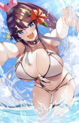 Rule 34 | 1girl, beach, bent over, bikini, blue eyes, breasts, choker, cleavage, collar, flower, hair flower, hair ornament, hair ribbon, happy, heart, heart-shaped pupils, highres, large breasts, leaning forward, looking at viewer, navel, o-ring, o-ring thigh strap, original, outstretched arms, ponytail, ribbon, skindentation, solo, swimsuit, symbol-shaped pupils, thick thighs, thigh gap, thigh strap, thighs, udon (udonalium), water, wet, white bikini