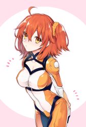 Rule 34 | 1girl, :&lt;, ^^^, ahoge, arms behind back, blush, bodysuit, breasts, buckle, chaldea combat uniform, cleavage, cleavage cutout, closed mouth, clothing cutout, collarbone, cowboy shot, fate/grand order, fate (series), fujimaru ritsuka (female), fujimaru ritsuka (female) (chaldea combat uniform), hair between eyes, hair ornament, hair scrunchie, leaning forward, looking at viewer, looking back, medium breasts, mitsuya bonjin, official alternate costume, one side up, orange bodysuit, orange eyes, orange hair, orange scrunchie, scrunchie, short hair, solo, standing, tareme, two-tone background, underbust