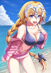 Rule 34 | 1girl, beach, bikini, blonde hair, blue eyes, blush, braid, breasts, cleavage, day, fate/apocrypha, fate (series), front-tie bikini top, front-tie top, hand on own chest, headpiece, hood, hoodie, jeanne d&#039;arc (fate), jeanne d&#039;arc (ruler) (fate), jeanne d&#039;arc (white cruising) (fate), leaning forward, long hair, mizunashi hayate, navel, ocean, open clothes, open hoodie, open mouth, outdoors, pink hoodie, single braid, sleeves past wrists, smile, solo, swimsuit, very long hair