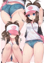 Rule 34 | !, 1girl, armpits, arms behind head, ass, bag, baseball cap, between breasts, blue eyes, breasts, brown hair, butt crack, cleavage, collarbone, commentary request, cowboy shot, creatures (company), denim, denim shorts, from behind, game freak, handbag, hat, highres, hilda (pokemon), huge ass, long hair, looking at viewer, medium breasts, micro shorts, mouth hold, multiple views, nintendo, panties, pokemon, pokemon bw, ponytail, scrunchie, shirt, short hair, shorts, simple background, sitting, spoken exclamation mark, standing, sweat, thighs, torn clothes, torn shorts, underwear, vest, white panties, white shirt, yoi naosuke