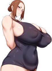 Rule 34 | 1girl, absurdres, arind yudha, arms behind back, bare shoulders, blush, breasts, brown hair, covered erect nipples, covered navel, female pubic hair, highres, huge breasts, inverted nipples, kaii to otome to kamikakushi, long hair, mole, mole under eye, ogawa sumireko, parted lips, pubic hair, simple background, smile, solo
