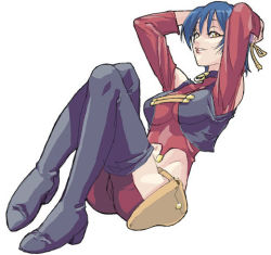 Rule 34 | 1girl, arms up, black thighhighs, blue hair, boots, breasts, carmen99, gunxsword, midriff, satou atsuki, short hair, simple background, sitting, smile, solo, thigh boots, thighhighs, yellow eyes
