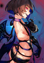 Rule 34 | 1boy, arc system works, ass, bat wings, blazblue, blazblue variable heart, blunt bangs, butt crack, cape, choker, claw pose, elbow gloves, fangs, fuzzy (blazblue), gloves, hungry clicker, looking at viewer, red eyes, ribbon choker, short hair, skin tight, sleeveless, solo, straight hair, trap, vampire, wings