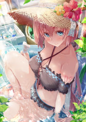 Rule 34 | 1girl, aqua eyes, bare legs, bikini, black bikini, blush, box, breasts, can, cleavage, closed mouth, collarbone, commentary, criss-cross halter, daidou (demitasse), drink can, flower, food, frilled bikini, frills, hair between eyes, halterneck, hat, hat flower, hibiscus, highres, holding, holding food, large breasts, long hair, looking at viewer, megurine luka, navel, number tattoo, pink hair, popsicle, red flower, shoulder tattoo, sitting, smile, soda can, solo, straw hat, swimsuit, tattoo, thighs, very long hair, vocaloid, wading pool, water